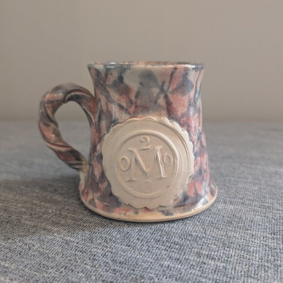 Handmade Pink/Blue/Beige Pottery Mug with "M", Twisted Handle - Picture 1 of 6